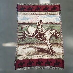 VTG Horse Throw Blanket Red Cowboy Rodeo Bucking Bronco Woven USA Ranch Western